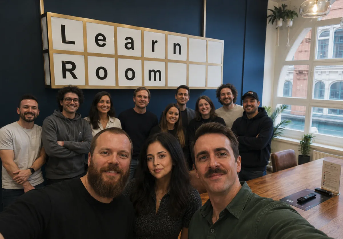 L'équipe Learn Room réunie au bureau devant le logo, avec les trois fondateurs au premier plan