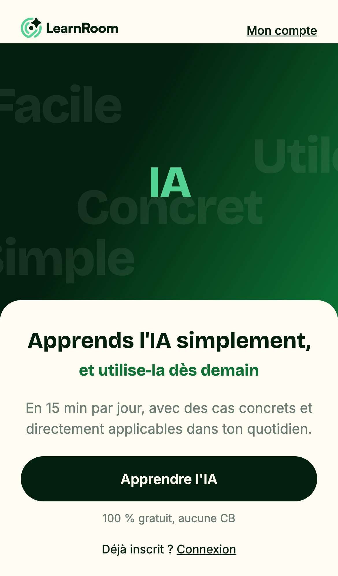Écran d'accueil de l'application Learn Room sur téléphone : Apprends l'IA simplement et utilise-la dès demain, et le bouton Apprendre l'IA