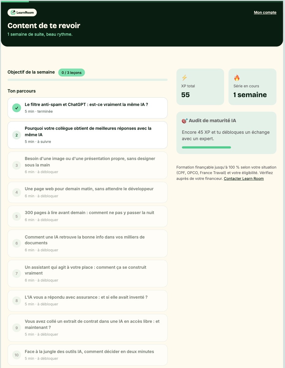 Écran du parcours de l'application Learn Room sur tablette : l'objectif de la semaine et la liste des leçons, la première terminée et les suivantes à débloquer