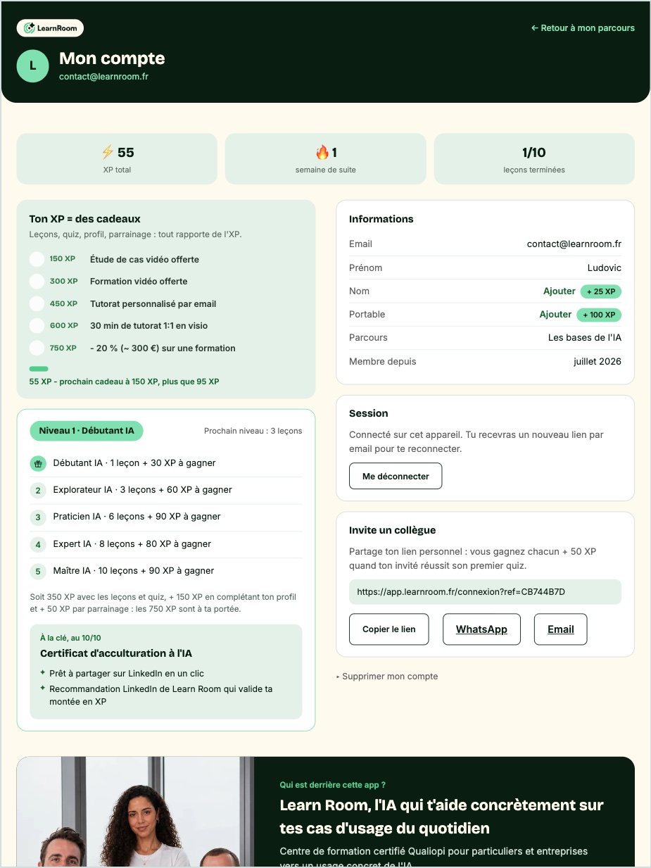 Écran Mon compte de l'application Learn Room sur tablette : le total d'XP, la série en cours, les paliers et les cadeaux à débloquer