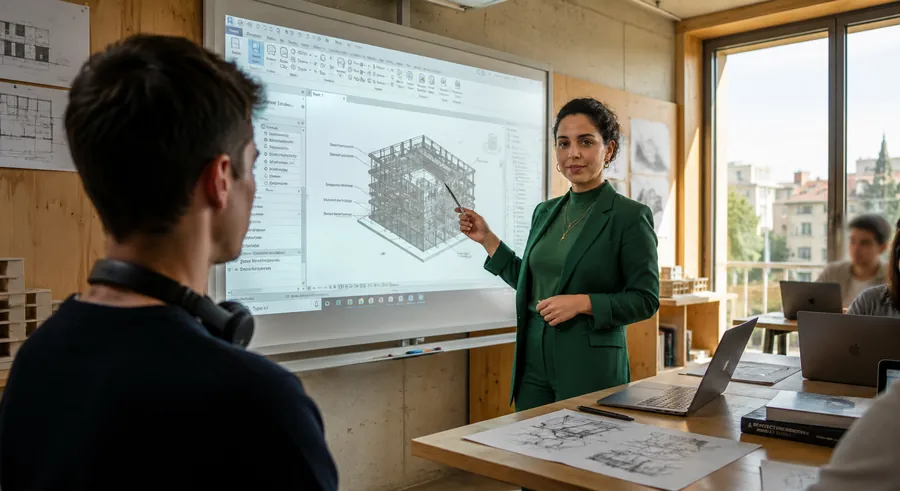 Ahlem Kebir commente une maquette 3D pendant une formation IA appliquée au BIM