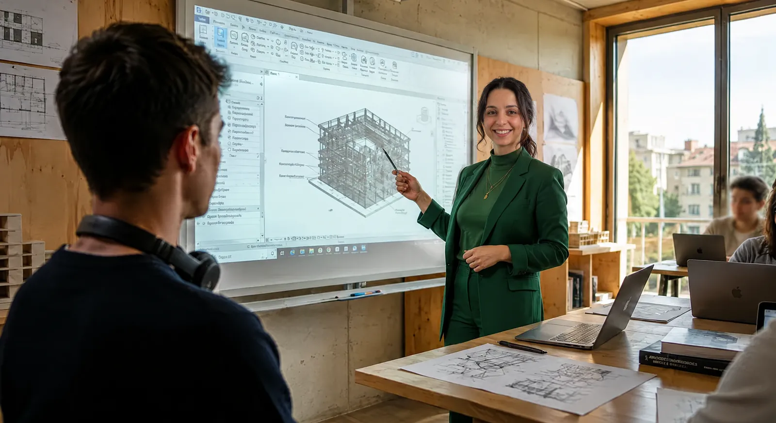Ahlem Kebir présente une maquette numérique BIM sous Revit pendant une formation IA pour architectes et ingénieurs
