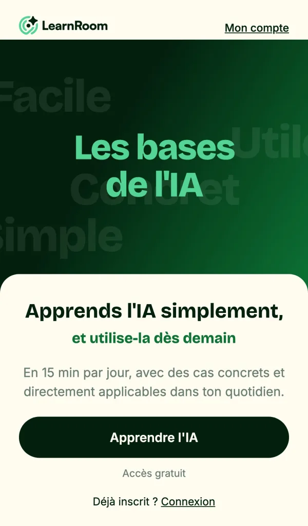 Écran d'accueil de l'application Learn Room sur téléphone : Les bases de l'IA, et le bouton Apprendre l'IA