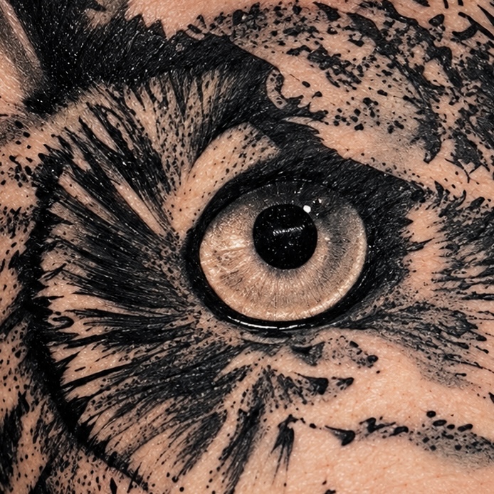 Tatouage de petit-duc — gros plan sur l'œil