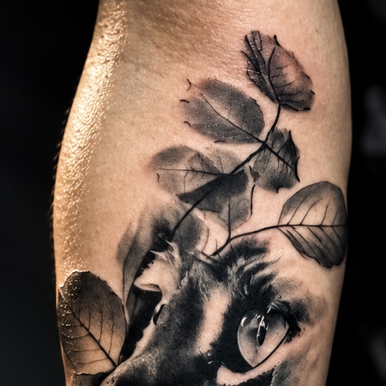 Tatouage de chat et roses — vue rapprochée