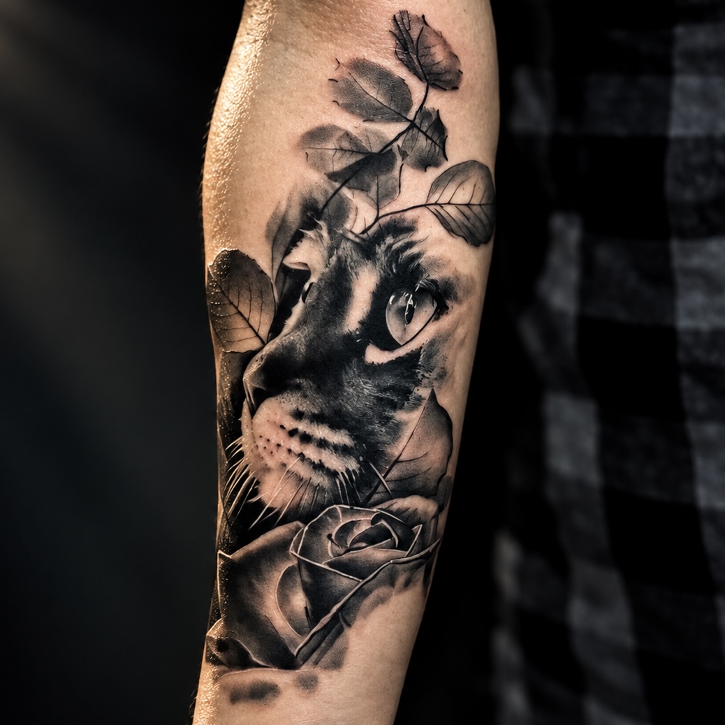 Tatouage de chat et roses sur l'avant-bras — vue principale