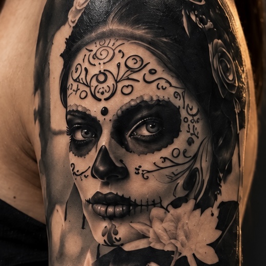 Tatouage de Catrina — visage et éléments floraux