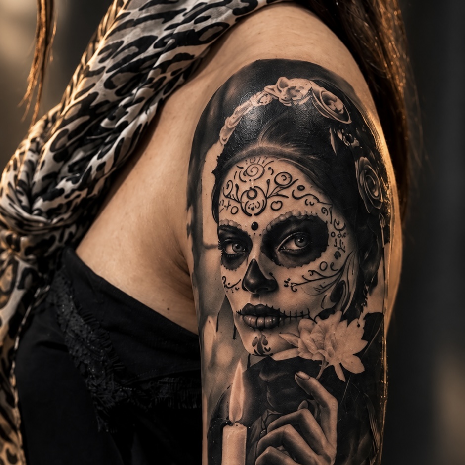 Tatouage de Catrina — vue d'ensemble sur le bras