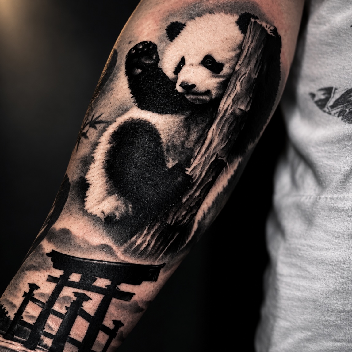 Tatouage de panda et torii — composition sur le bras