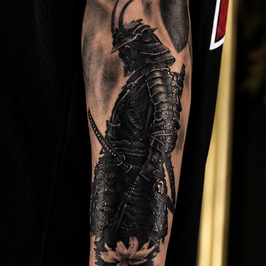 Tatouage de samouraï — vue rapprochée sur l'avant-bras