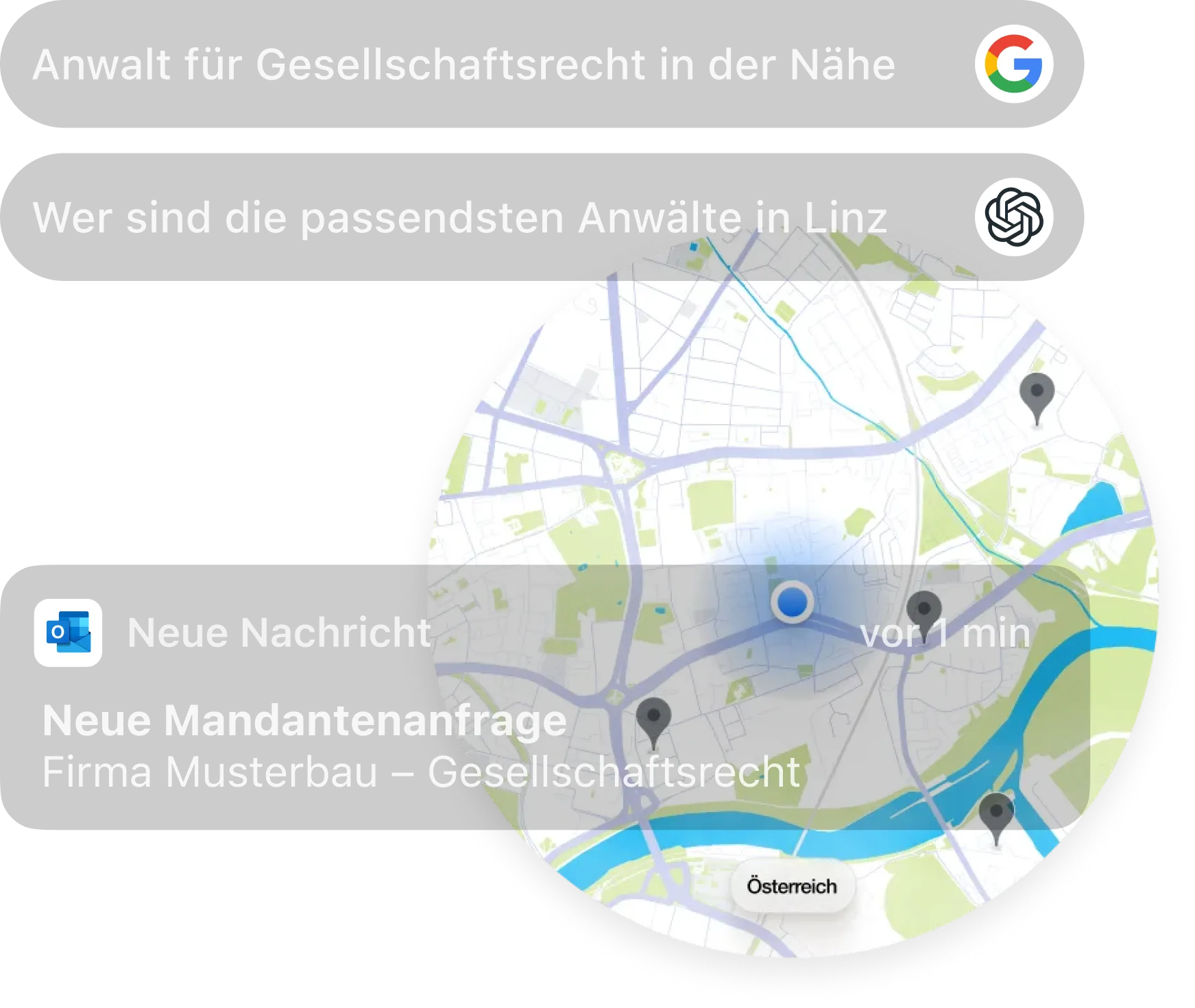 Suchanfragen und neue Mandantenanfrage über Google, KI und lokale Suche