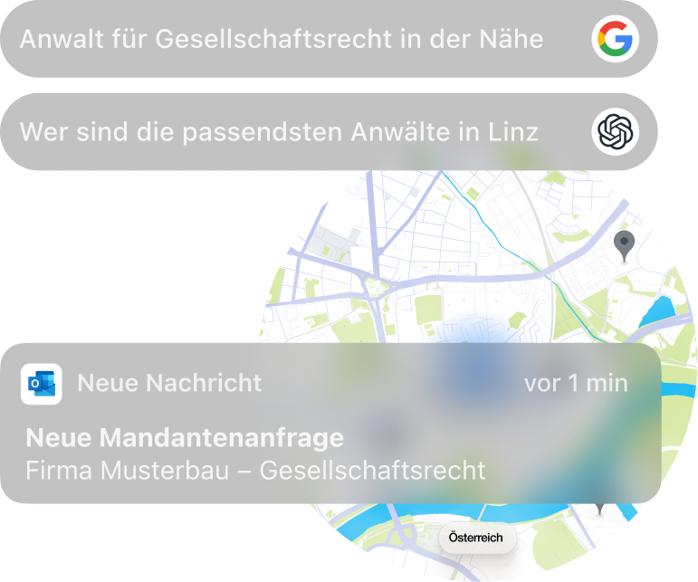 Suchanfragen und neue Mandantenanfrage über Google, KI und lokale Suche