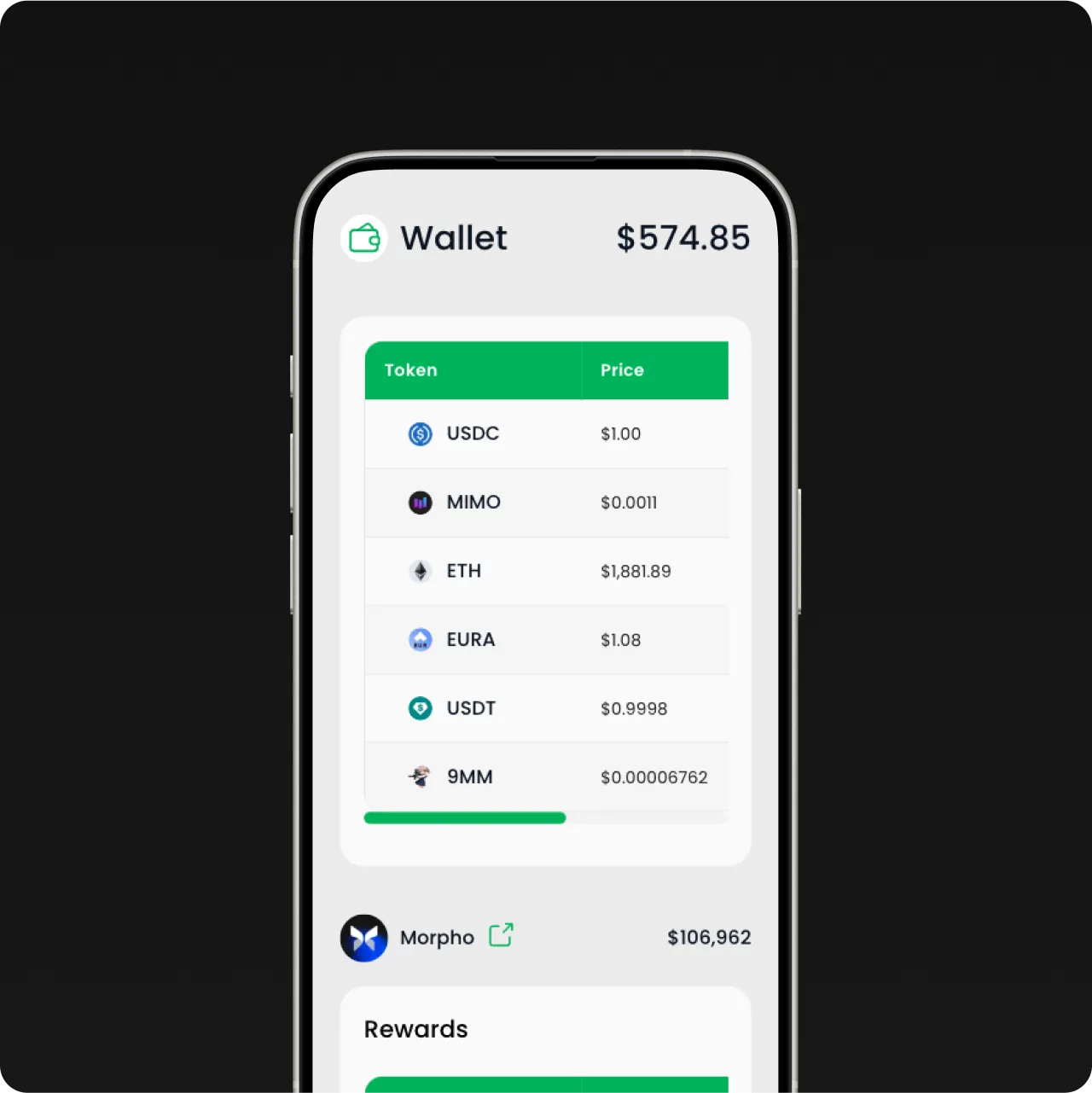a phone with a screen showing a wallet