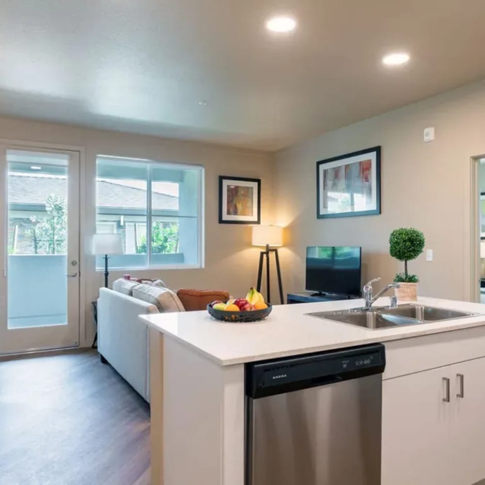 Wide view of living area with sofa and tv and island with dishwasher