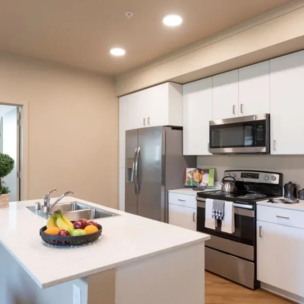 Kitchen with white cabinets and stainless steel appliances
