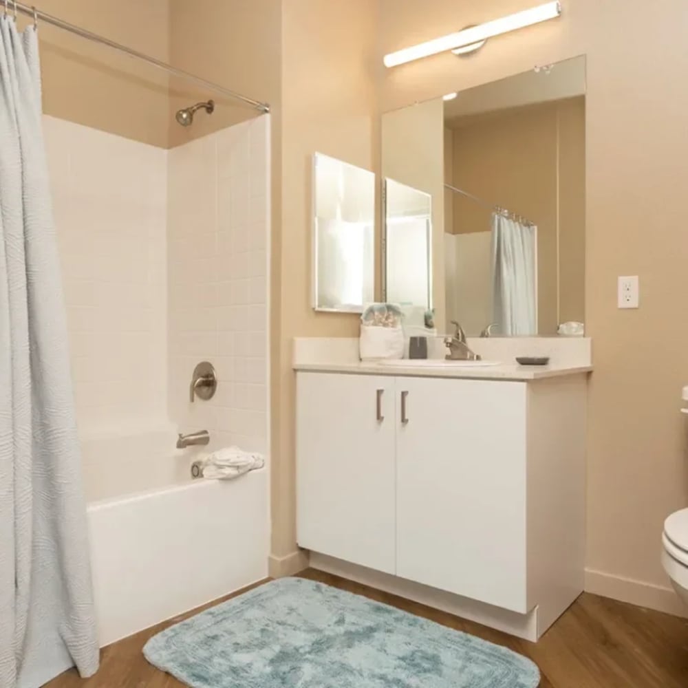 Bathroom with white cabinet and vanity and mirror and shower