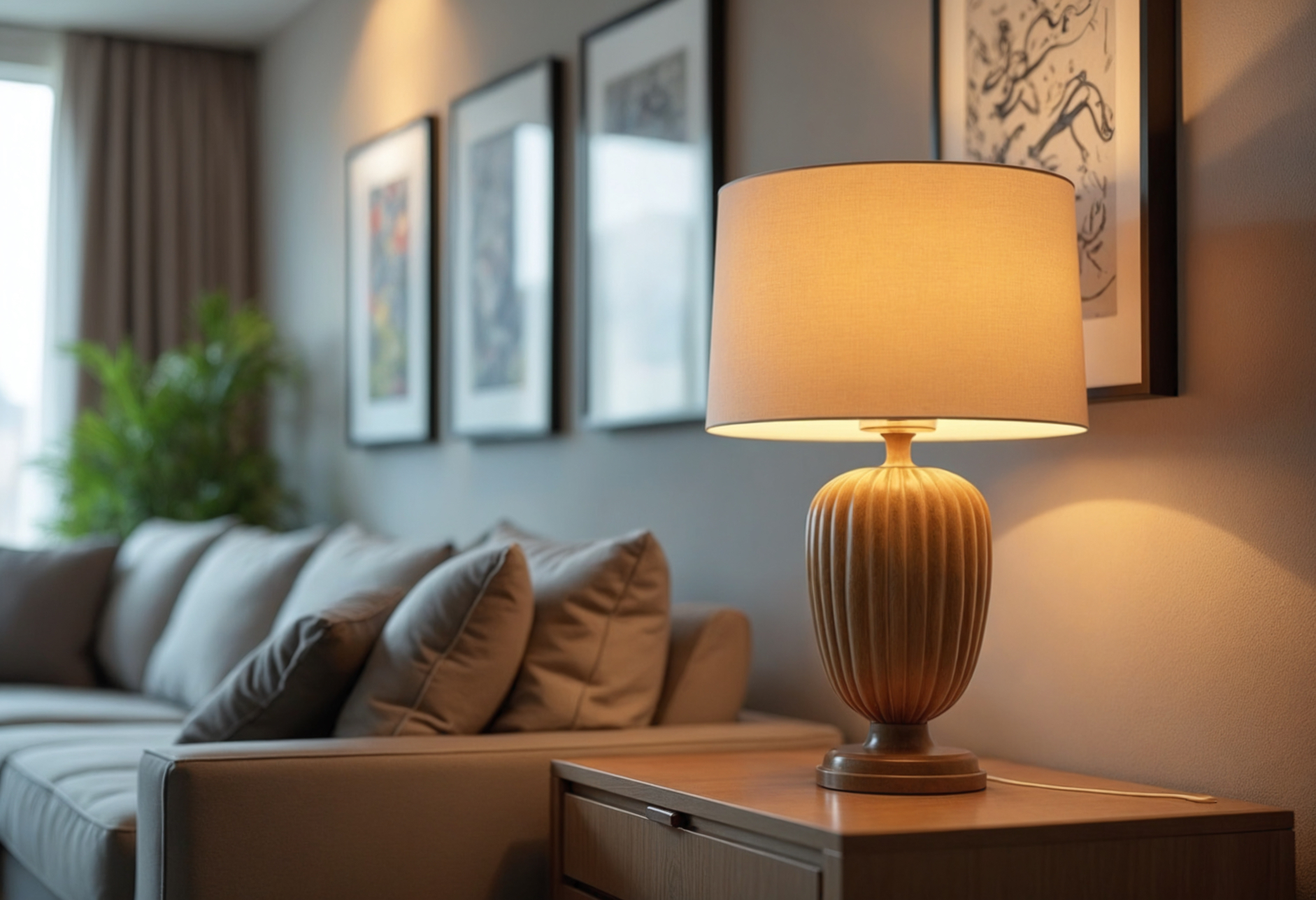 Bed with bedside table and lamp stock image