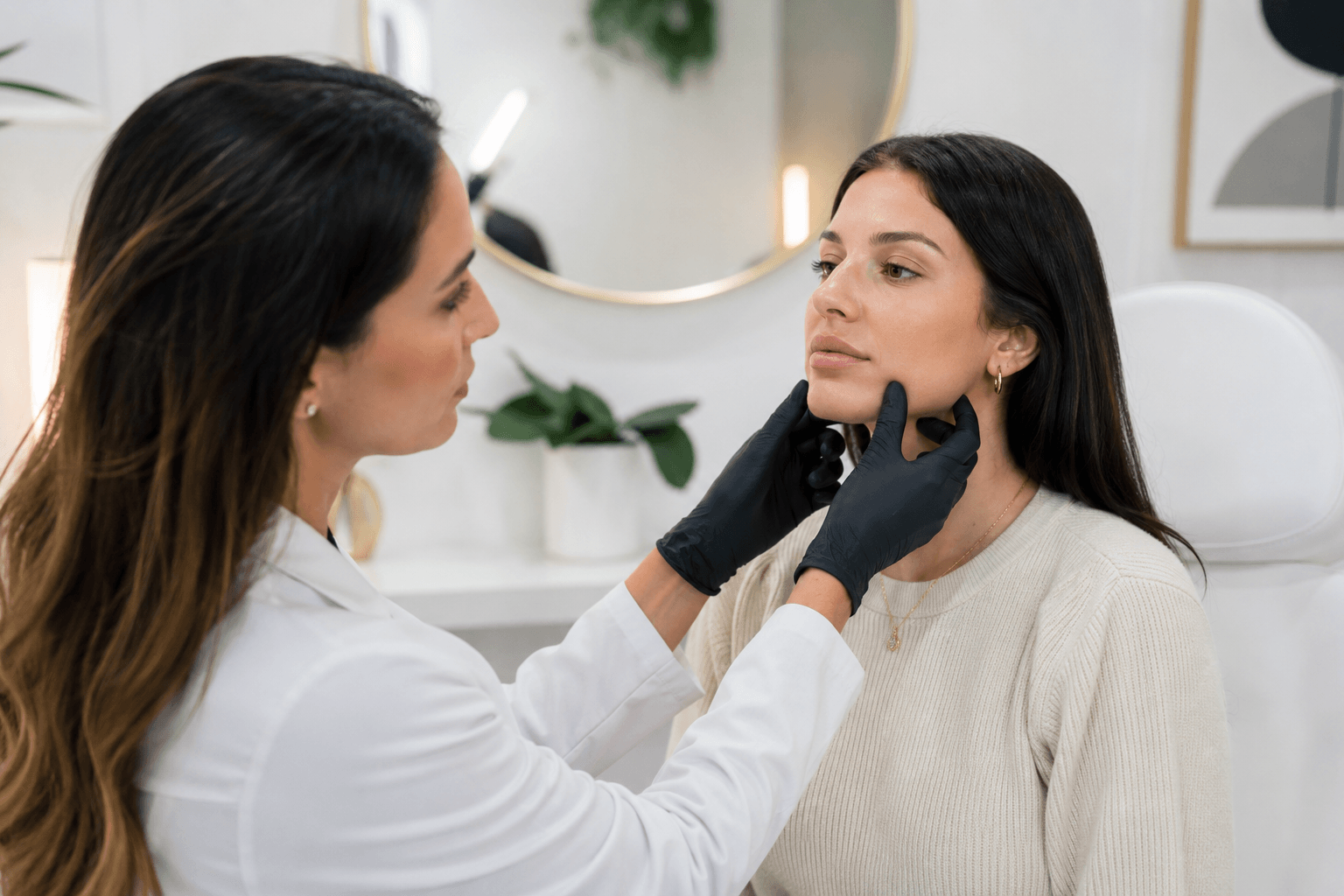 Patient consulting about migrated lip filler and hyaluronidase treatment options at a medspa in Reston, Virginia