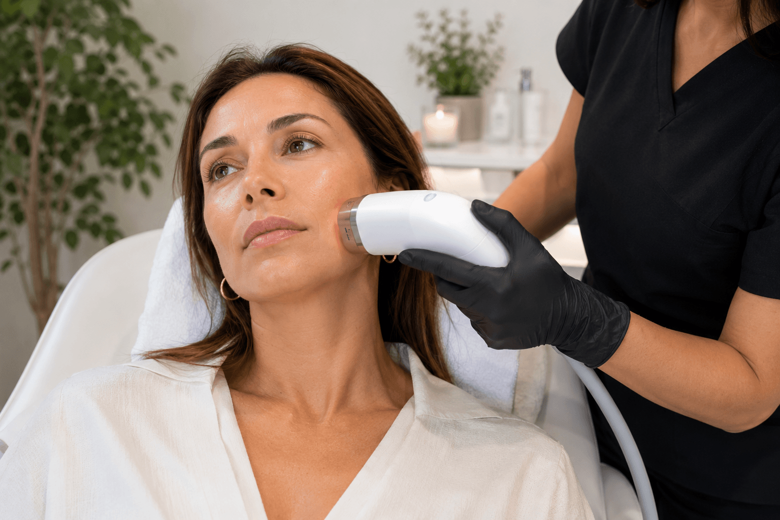 Laser skin tightening treatment being performed on a patient's jawline in Reston Virginia
