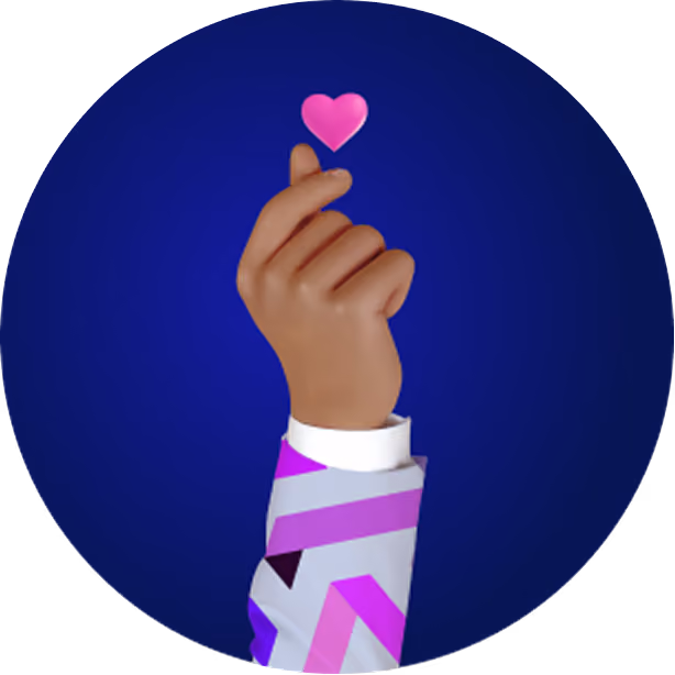 Hand making a heart finger gesture with a pink heart above on a blue circular background.