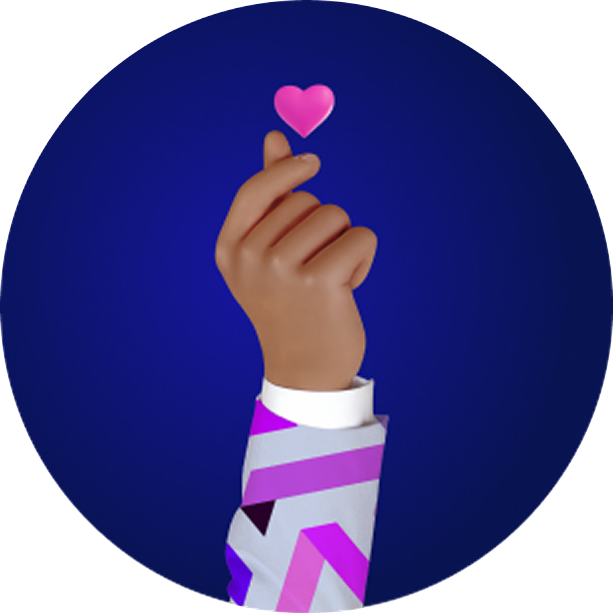 Hand making a heart finger gesture with a pink heart above on a blue circular background.