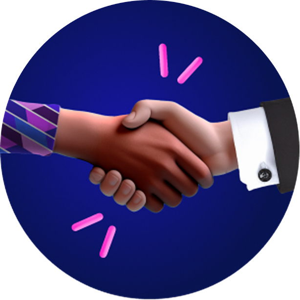 Two hands of different skin tones shaking in a business handshake on a blue background.