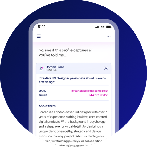 Mobile screen showing UX designer Jordan Blake's profile with contact and bio details on a white background.