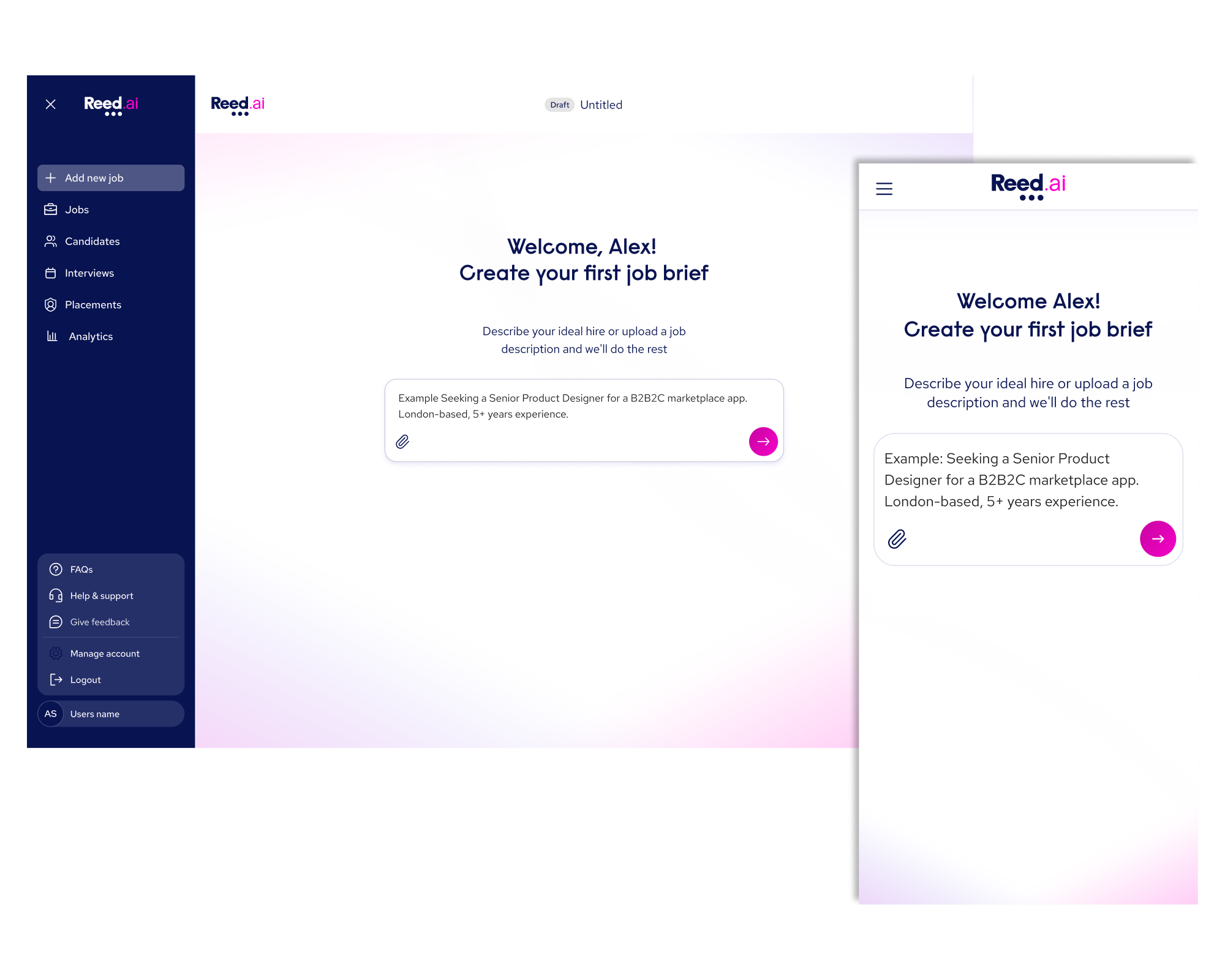 Reed.ai job brief creation screen shows welcome message, instructions, and input box with example text.