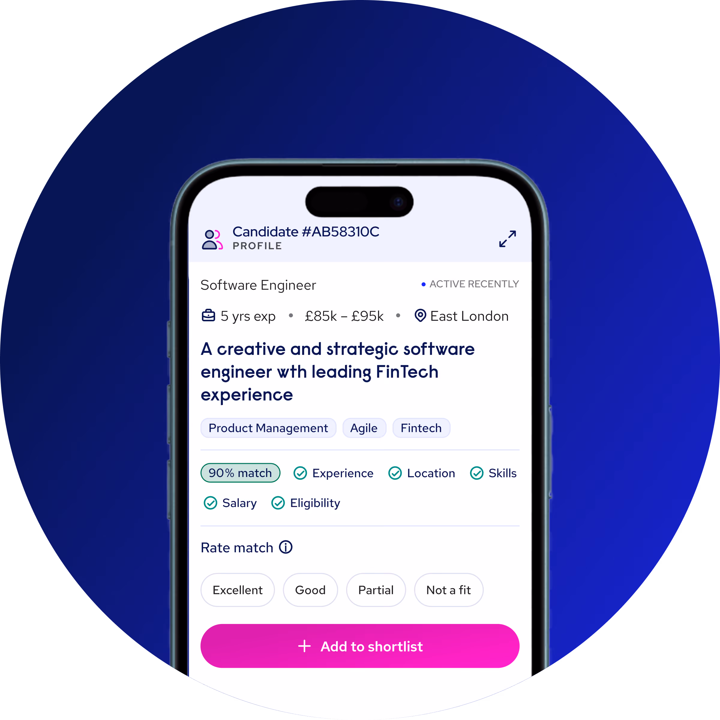 Mobile screen showing a software engineer profile with 5 years experience, salary, location, and skills match details.