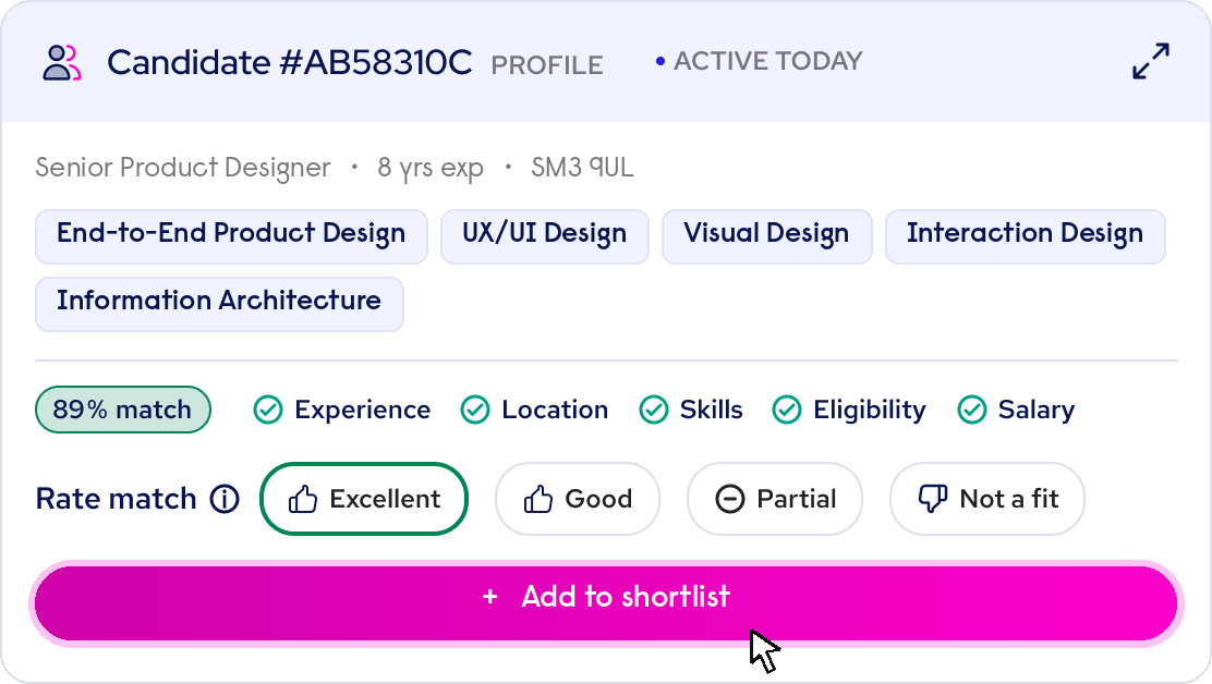 Anonymised candidate match card in Reed.ai showing an 89% match and the Add to shortlist button