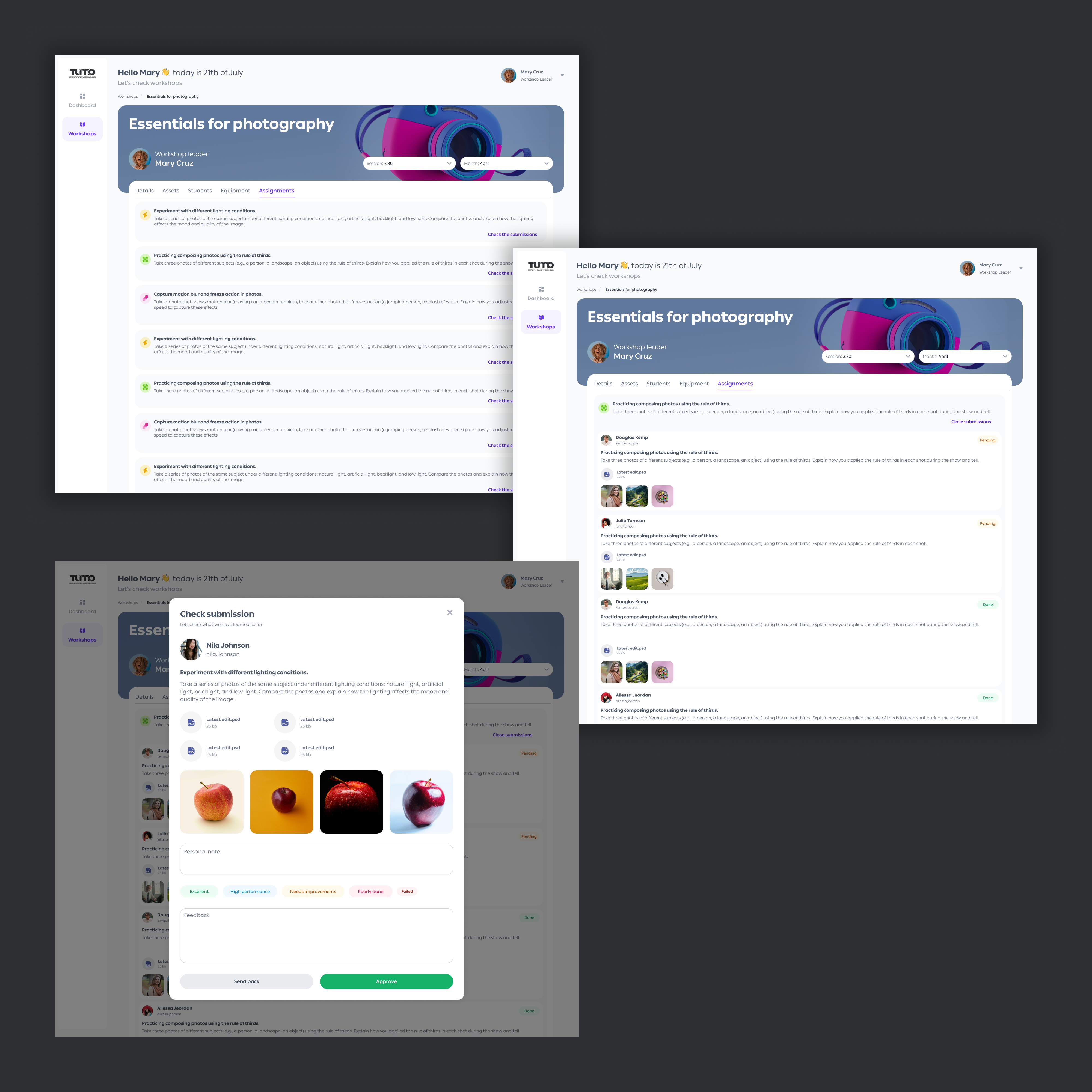 Workshop Leader — assignments tab and submission review modal
