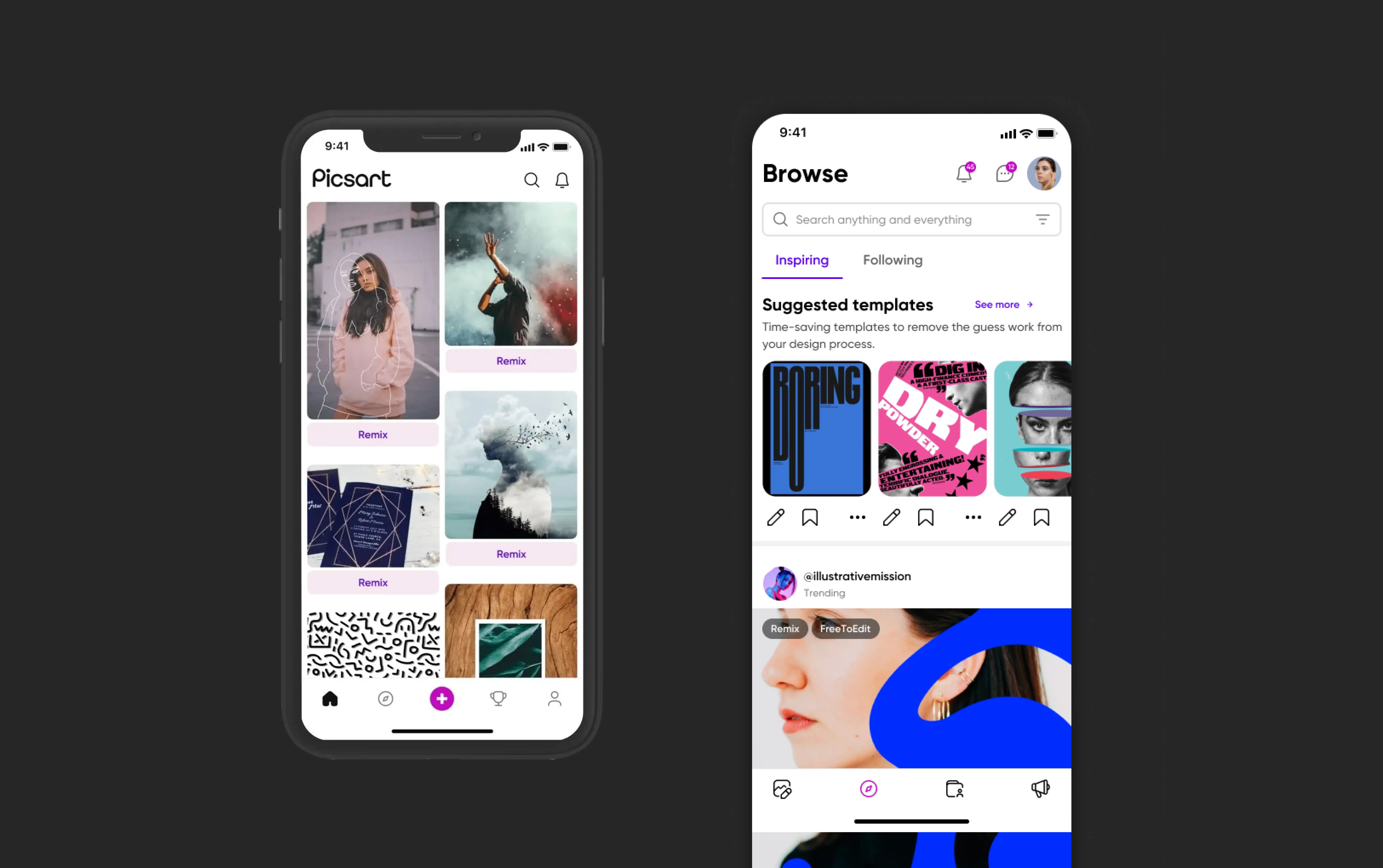 Inspiring and Following tab navigation on Picsart Browse