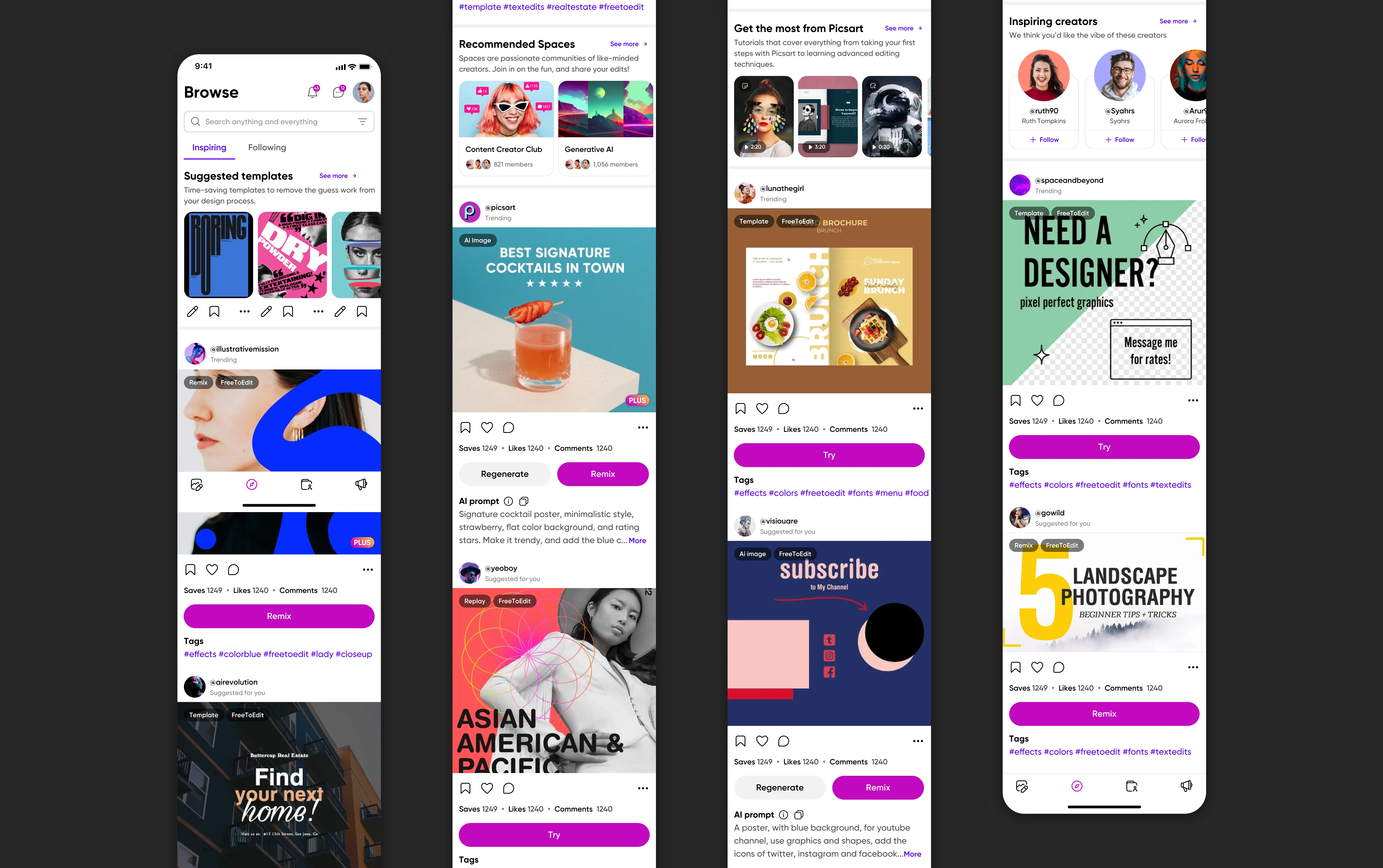 One-column Picsart feed with content type tags