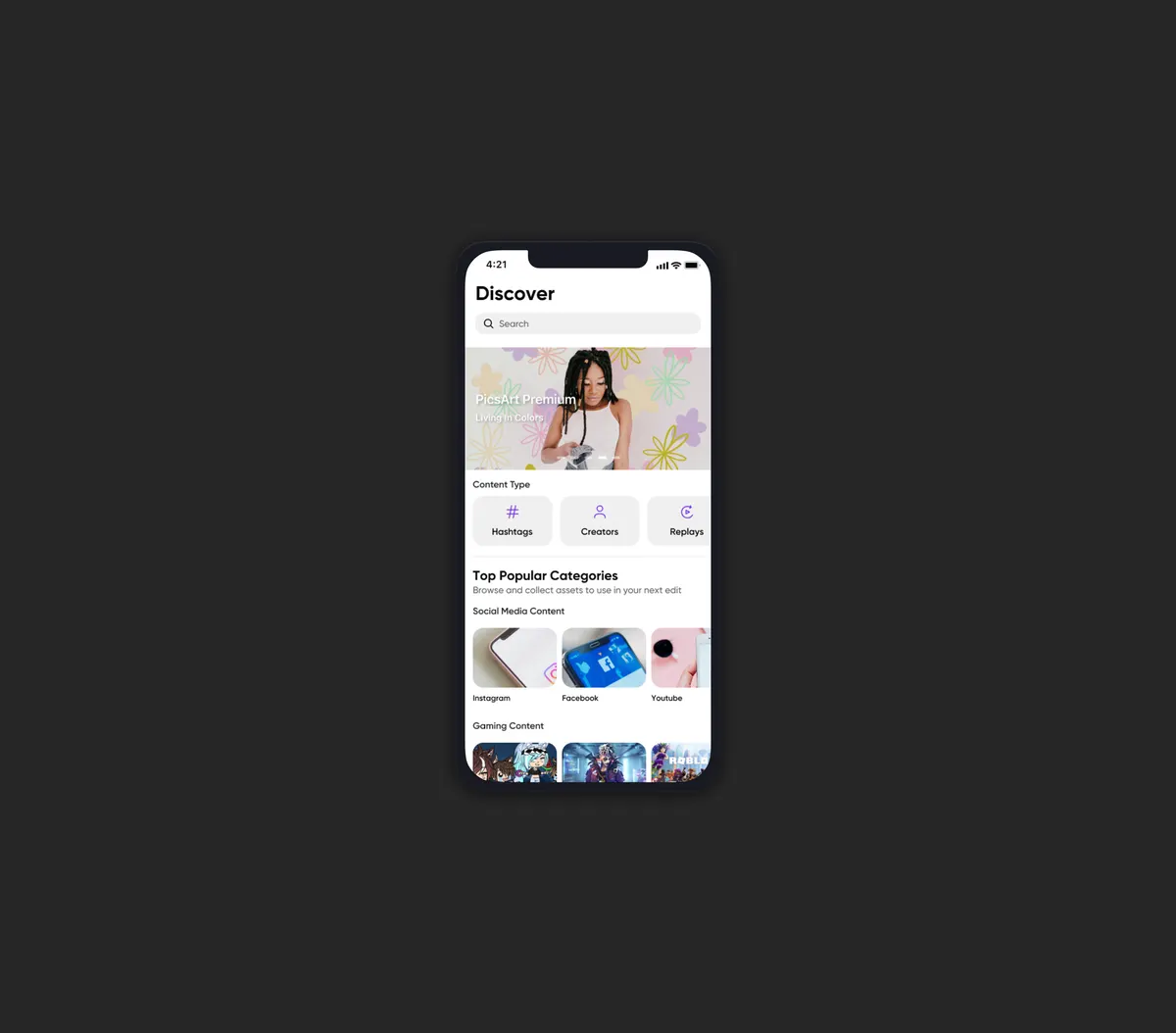 Picsart Discover screen with content categories