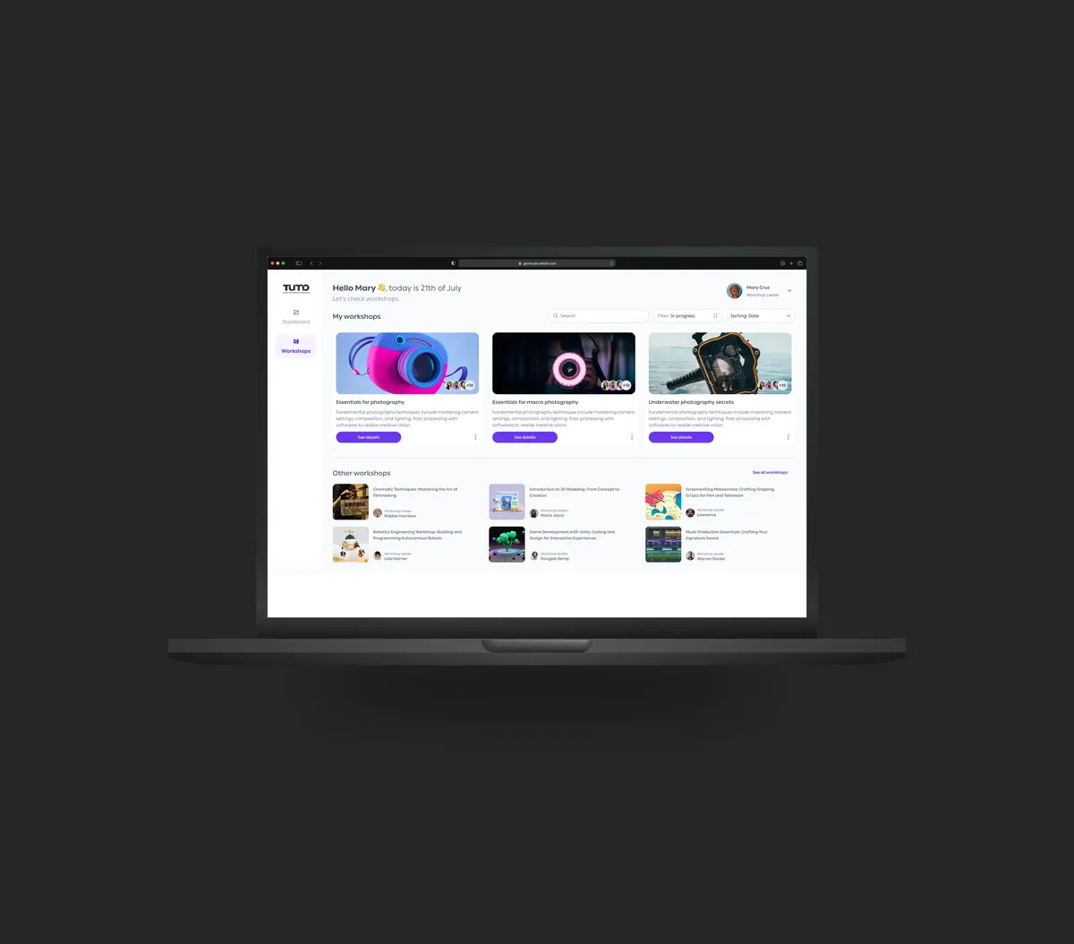TUMO Workshop 2.0 dashboard on a laptop