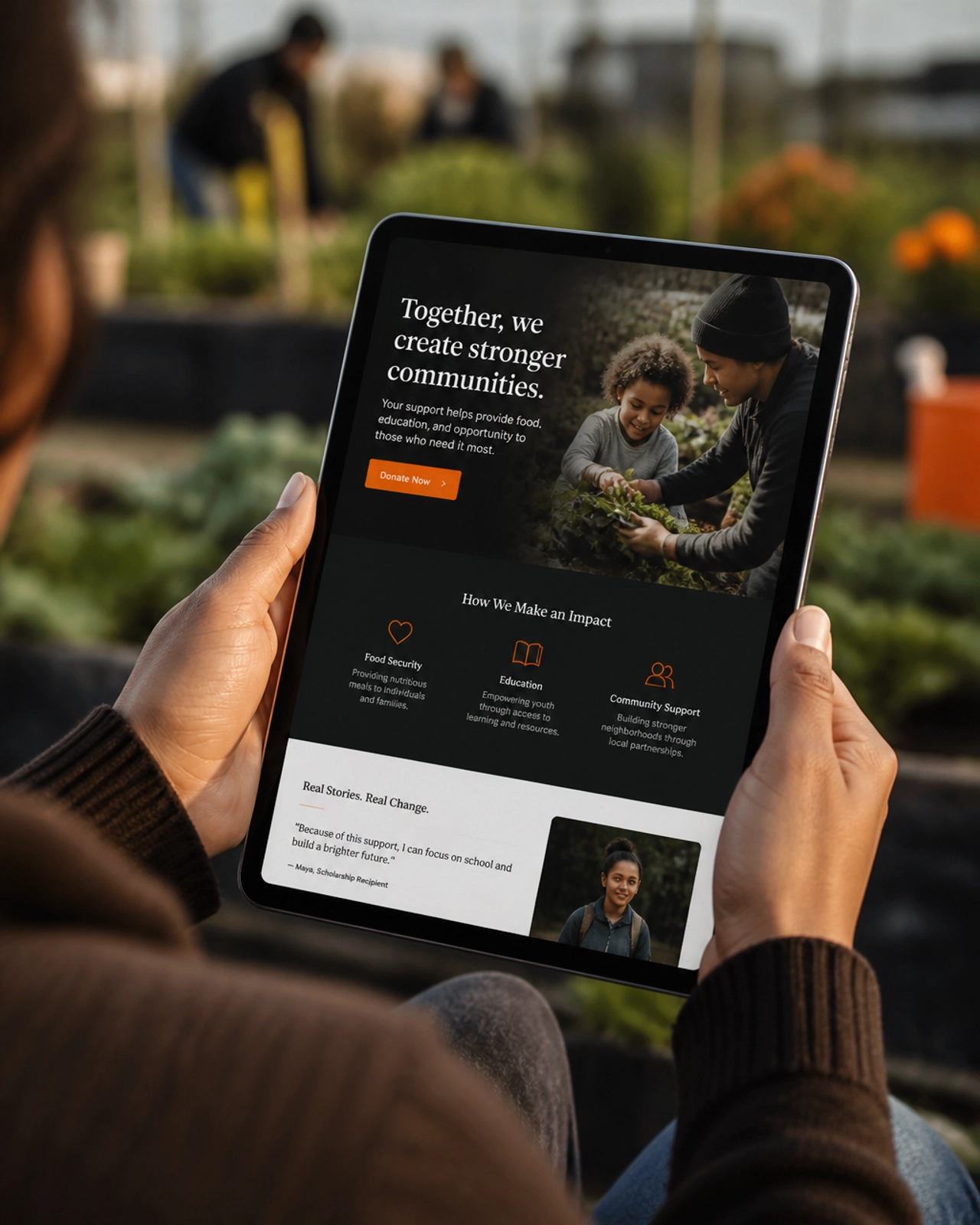 A modern, clear charity website on a tablet