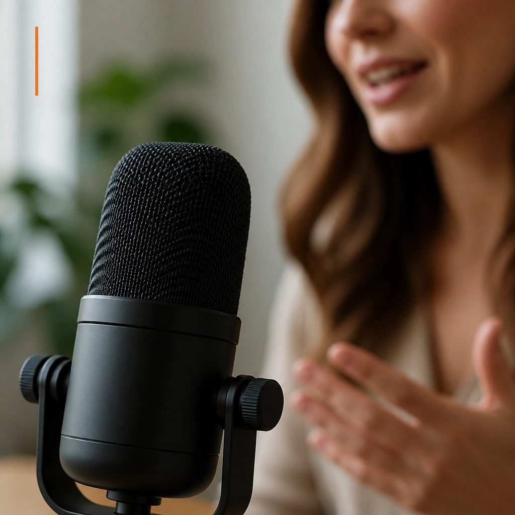A close-up of a professional microphone capturing an authentic, emotional interview, representing the importance of real voices in charity storytelling.