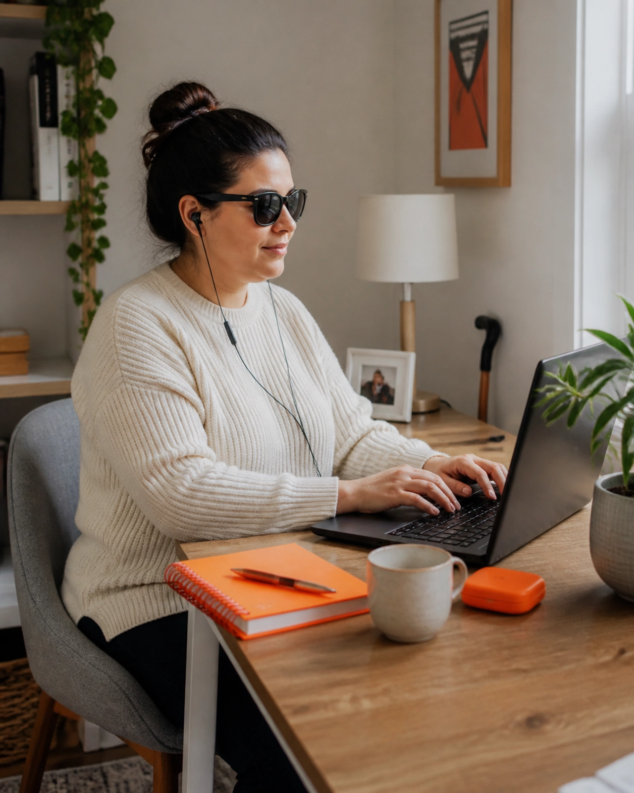 A woman with a visual impairment using a screen reader on a laptop in a sunlit home office