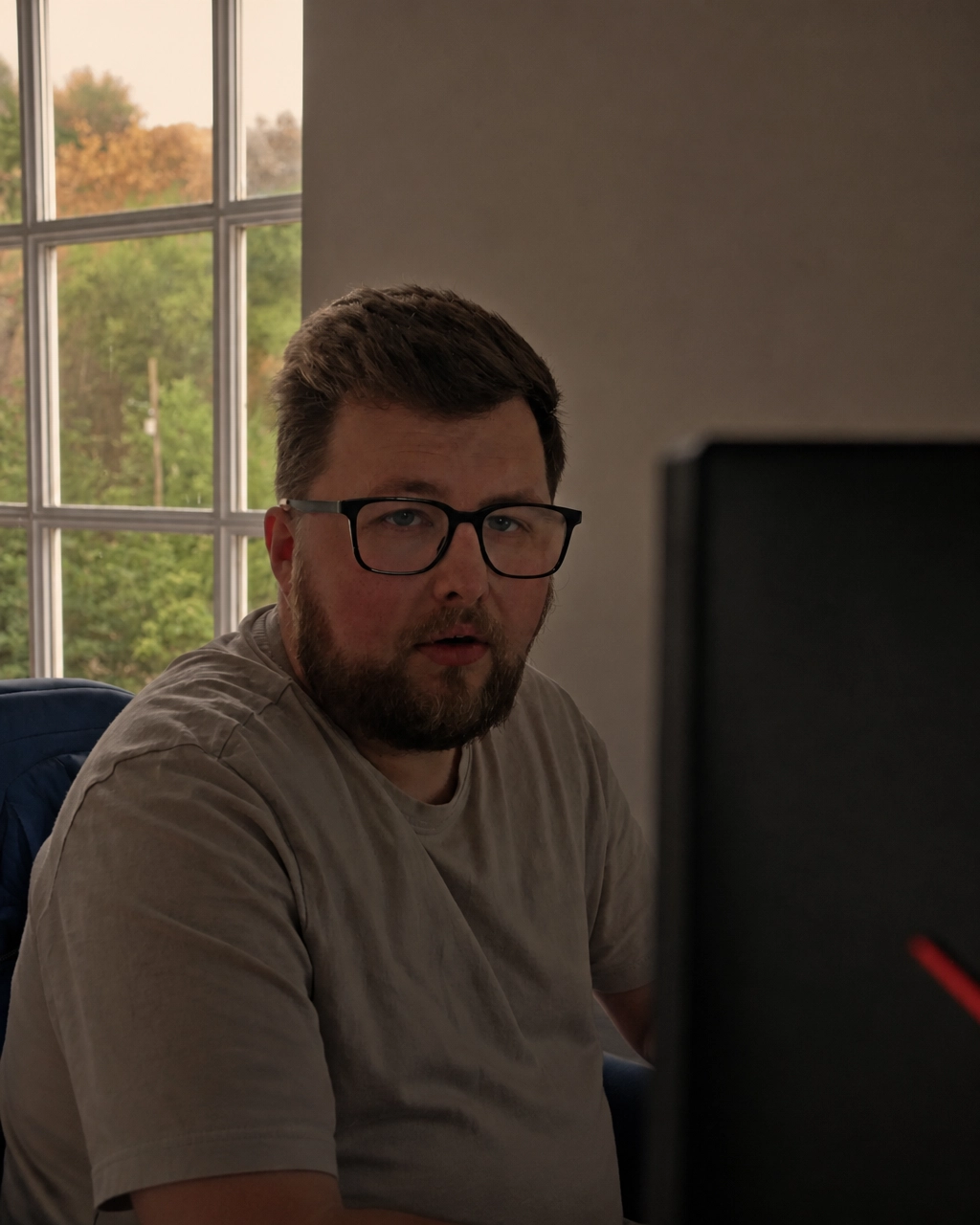 A charity team member working at a workstation with natural light, representing focused holiday cover without unnecessary pressure