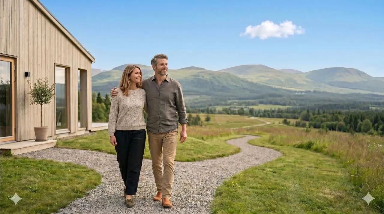 A smiling middle-aged couple walking on a path near a modern wooden house, with scenic green hills and mountains in the background.