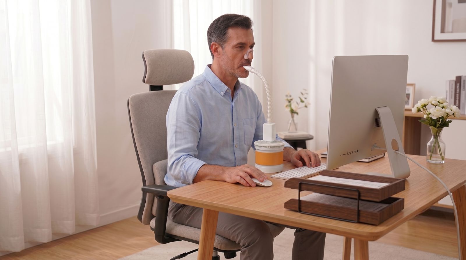A middle-aged man sitting at an office desk in front of a computer, using the HardiBreath respiratory device for training while working.