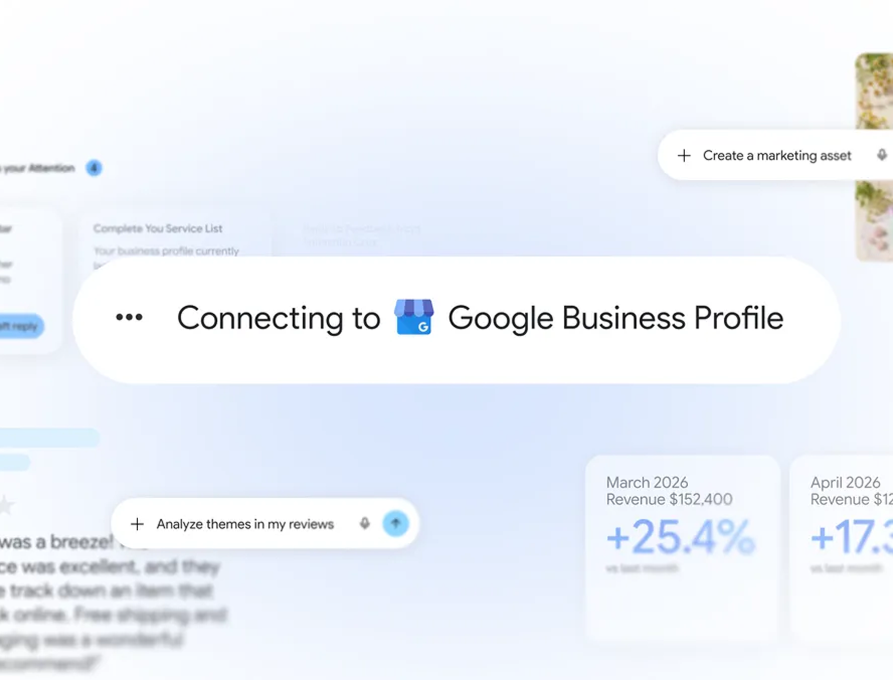 Un tableau de bord numérique montrant la connexion en cours à Google Business Profile. En arrière-plan, on aperçoit des outils d'analyse marketing alimentés par l'IA, notamment une fonction d'analyse automatisée des avis clients et des graphiques de performance des revenus pour le marketing d'acquisition.