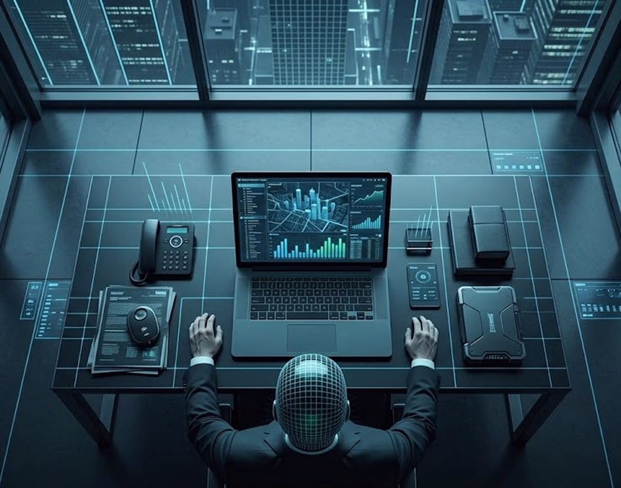 Une vue aérienne d'un homme en costume assis à un bureau high-tech dans un gratte-ciel. Il utilise un ordinateur portable affichant des données d'acquisition d'utilisateurs et des analyses marketing. Un diagramme holographique de la ville apparaît sur l'écran, suggérant l'IA et l'automatisation dans l'analyse de données. Des lignes lumineuses bleues sur le bureau et le sol mettent en évidence l'intégration technologique. Cette image illustre la puissance de l'IA et de l'automatisation pour optimiser les stratégies d'acquisition et stimuler la croissance.