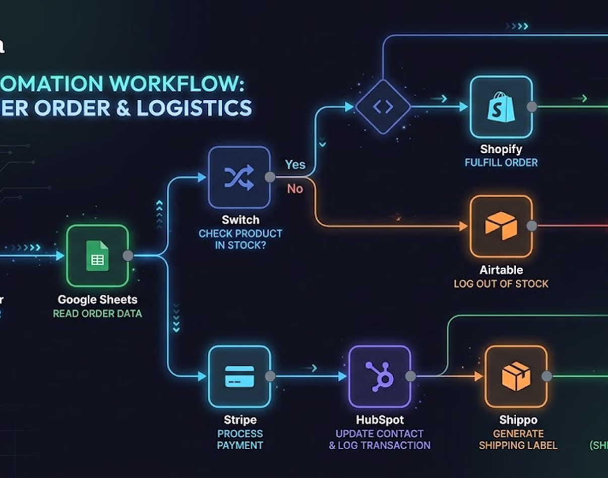 Diagramme de flux de travail d'automatisation des commandes et de la logistique. Il montre les étapes de traitement des commandes, de la lecture des données dans Google Sheets au traitement des paiements avec Stripe, à l'exécution des commandes avec Shopify, à la mise à jour des contacts avec HubSpot et à la génération d'étiquettes d'expédition avec Shippo. Ce flux de travail illustre comment l'IA et l'automatisation optimisent l'acquisition de clients et la gestion des commandes.