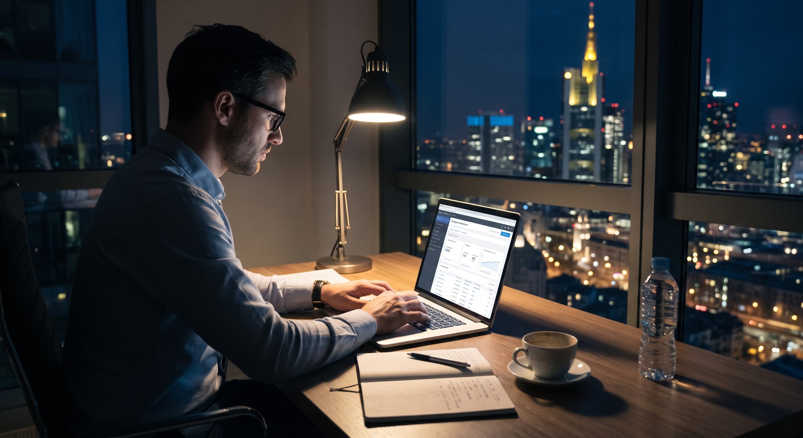 Un homme travaille tard le soir dans un bureau sombre, utilisant son ordinateur portable pour analyser des données. L'écran de l'ordinateur portable, qui montre une interface d'IA et d'automatisation marketing, est la source de lumière principale. Des graphiques et des statistiques d'acquisition d'utilisateurs sont visibles sur l'écran, suggérant l'utilisation d'algorithmes d'IA pour optimiser les campagnes publicitaires. L'homme est concentré sur l'écran, ce qui montre l'importance de l'automatisation dans le processus d'acquisition. L'image est une photographie de haute qualité avec un éclairage d'ambiance, mettant en évidence le rôle crucial de l'IA et de l'automatisation dans les stratégies de marketing numérique.