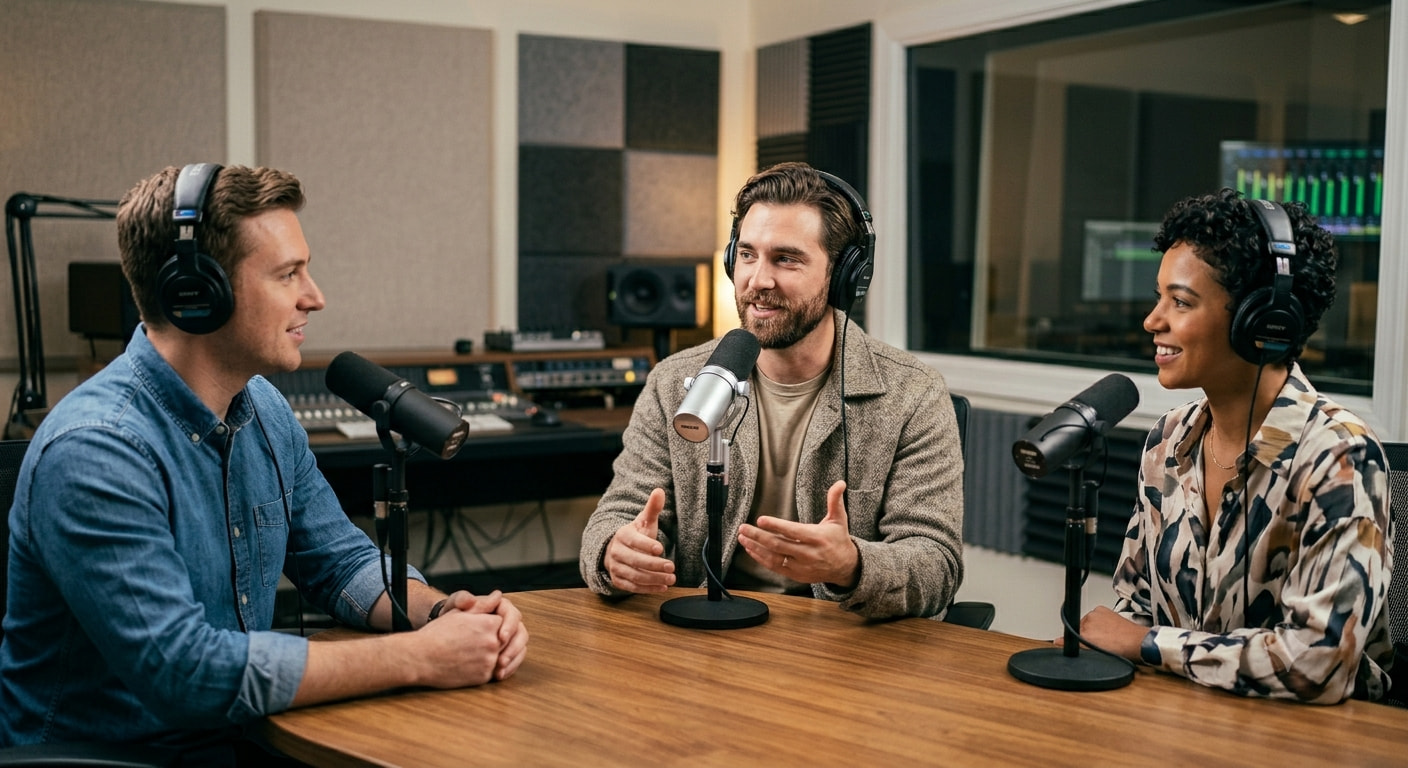 Plusieurs entrepreneur autours d'une table de podcast