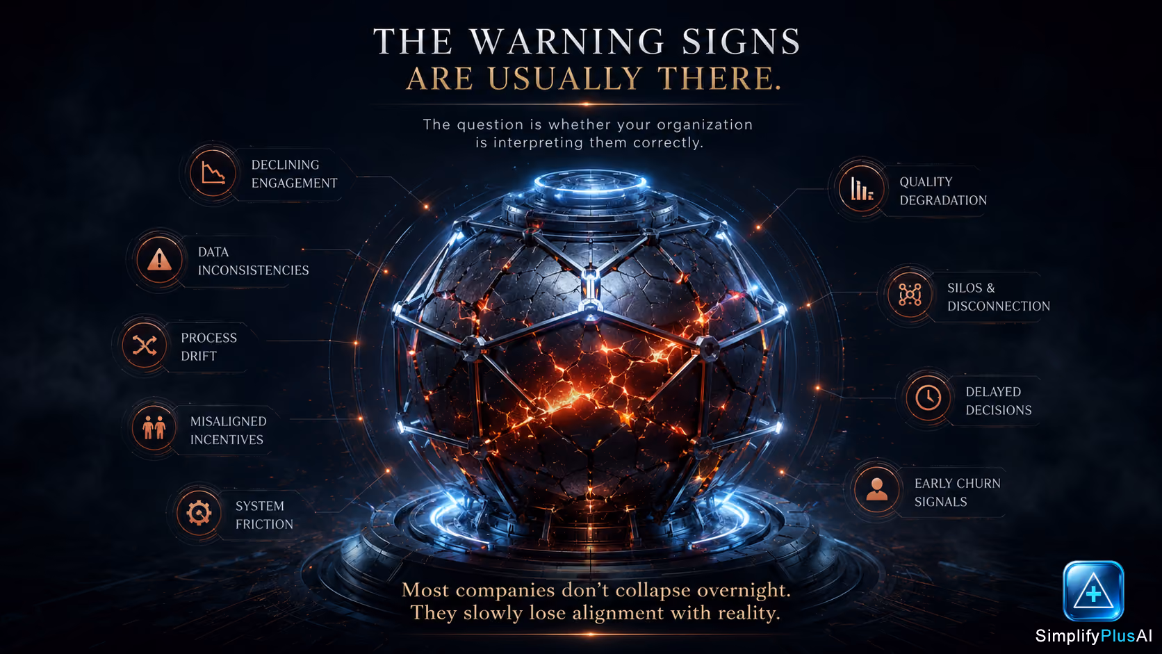 Dark spherical tech orb with cracks and blue light, surrounded by warning signs of business misalignment.