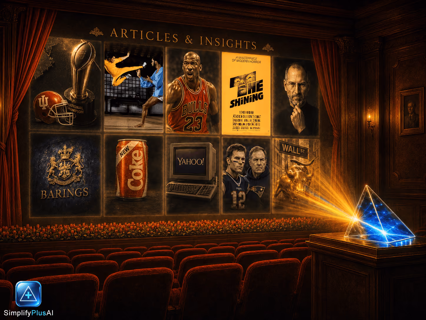 Vintage theater room projecting images of sports, film, tech, and finance on a large screen.