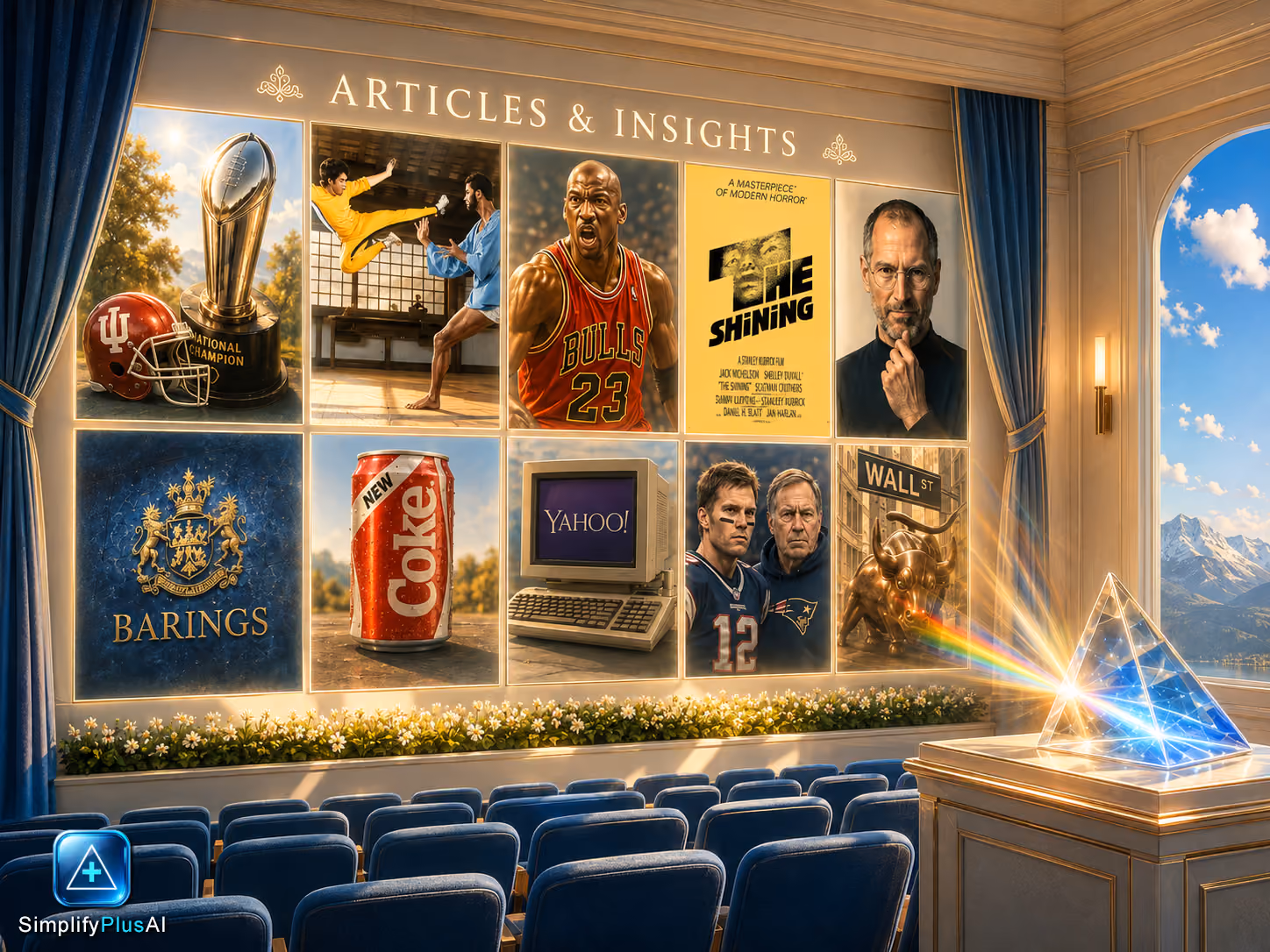 Vintage theater room projecting images of sports, film, tech, and finance on a large screen.