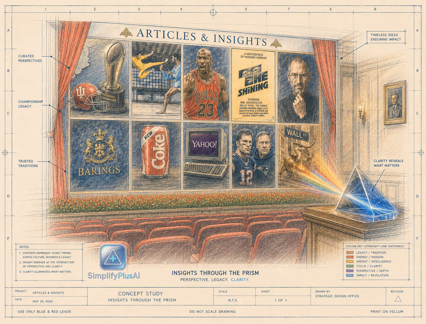 Vintage theater room projecting images of sports, film, tech, and finance on a large screen.